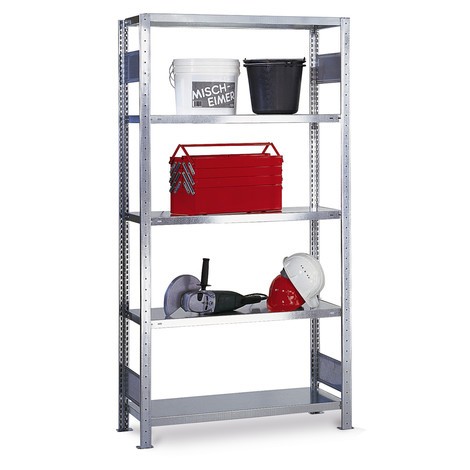 SCHULTE shelf rack, plug-in assembly, base unit, shelf load 150 kg, galvanized